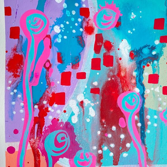 Summer Pop 2 Original Art Acrylic Painting Turquoise Pink Red Frame Ready 8x10in - Picture 2 of 6